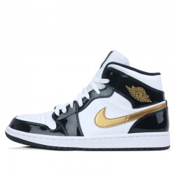 Air Jordan 1 Mid "Patent Black White Gold" Womens/Mens AJ1 Sneakers 852542-007